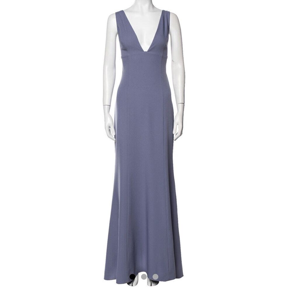 Amsale Reyna V-Neck Long Matte Crepe Empire Bodice Blue Grey Dress Gown Sz 6